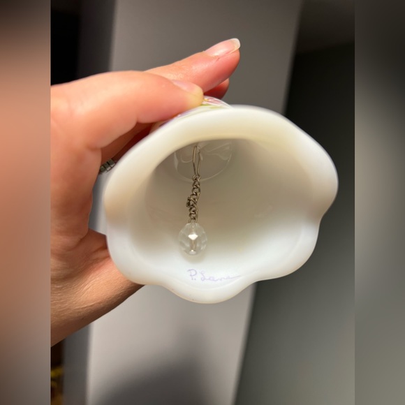 Vintage Fenton White Satin Milk Glass Petite Bell Pink & Purple Flowers 1960s - Picture 4 of 4